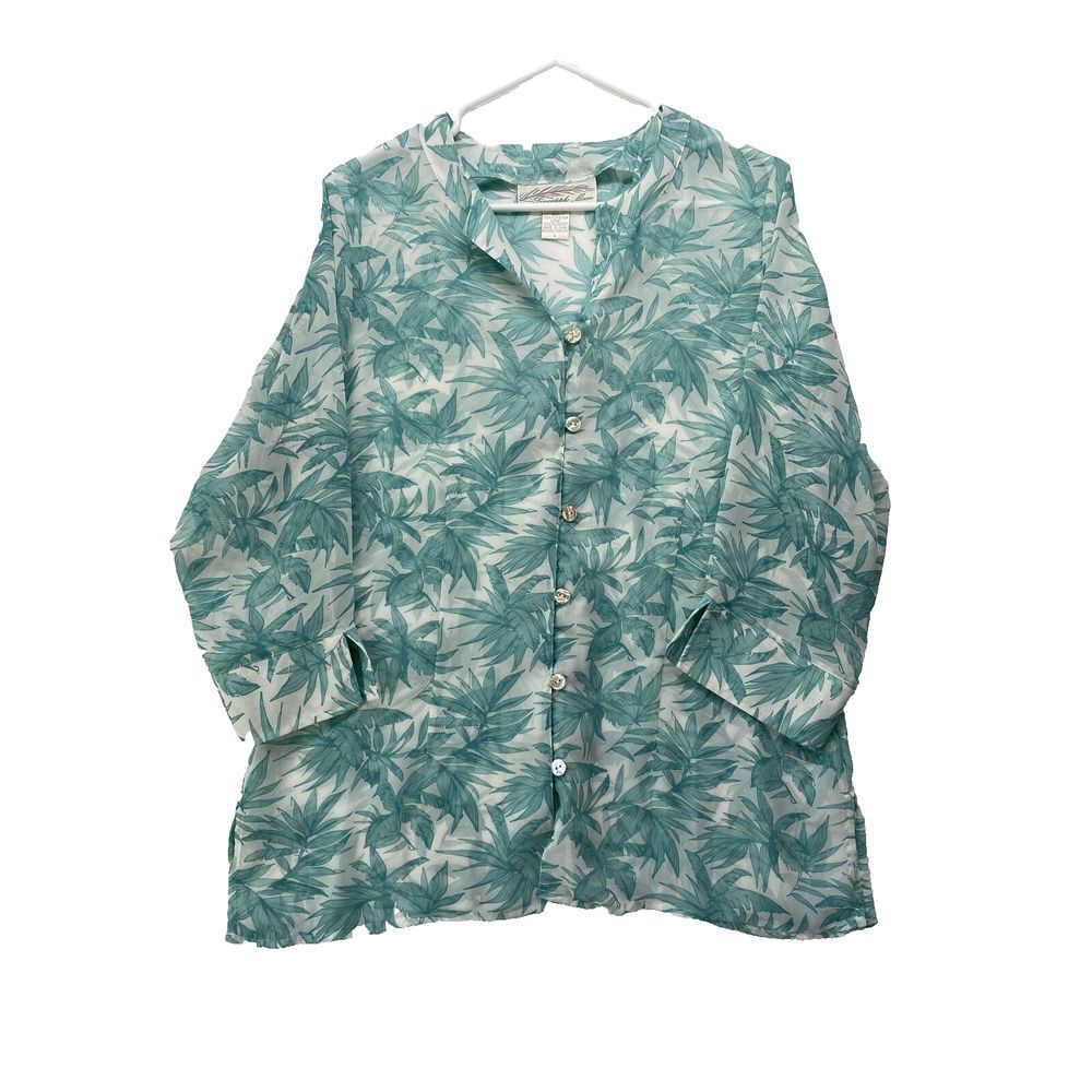 Pineapple Moon Womens Blouse sz L Leaf Hawaii Print Button up